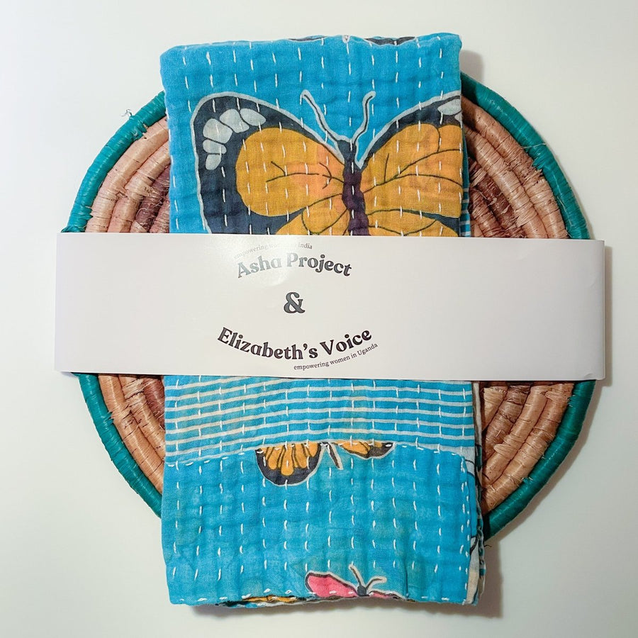 Kantha Kitchen Towel + Teal Banana Leaf Trivet Gift Set - Asha Project Kantha - Saree - Handmade