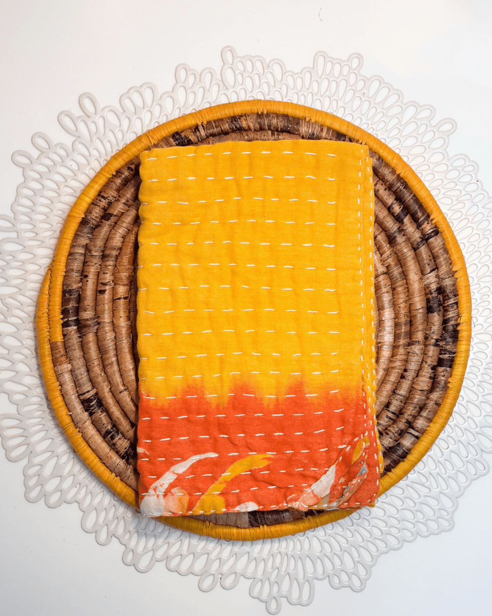 Kantha Kitchen Towel + Yellow Banana Leaf Trivet Gift Set - Asha Project Kantha - Saree - Handmade