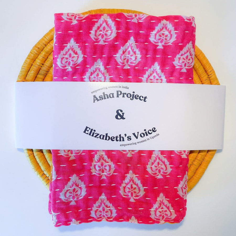 Kantha Kitchen Towel + Yellow Grass Trivet Gift Set - Asha Project Kantha - Saree - Handmade