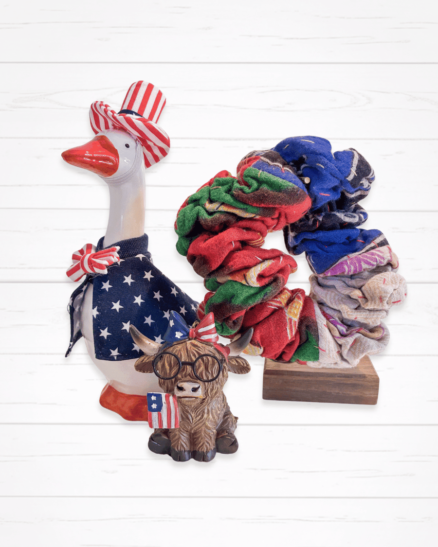 Kantha Oversized Scrunchie | Red White & Blue - Asha Project Kantha - Saree - Handmade