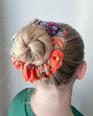 Kantha Oversized Scrunchie | Red White & Blue - Asha Project Kantha - Saree - Handmade