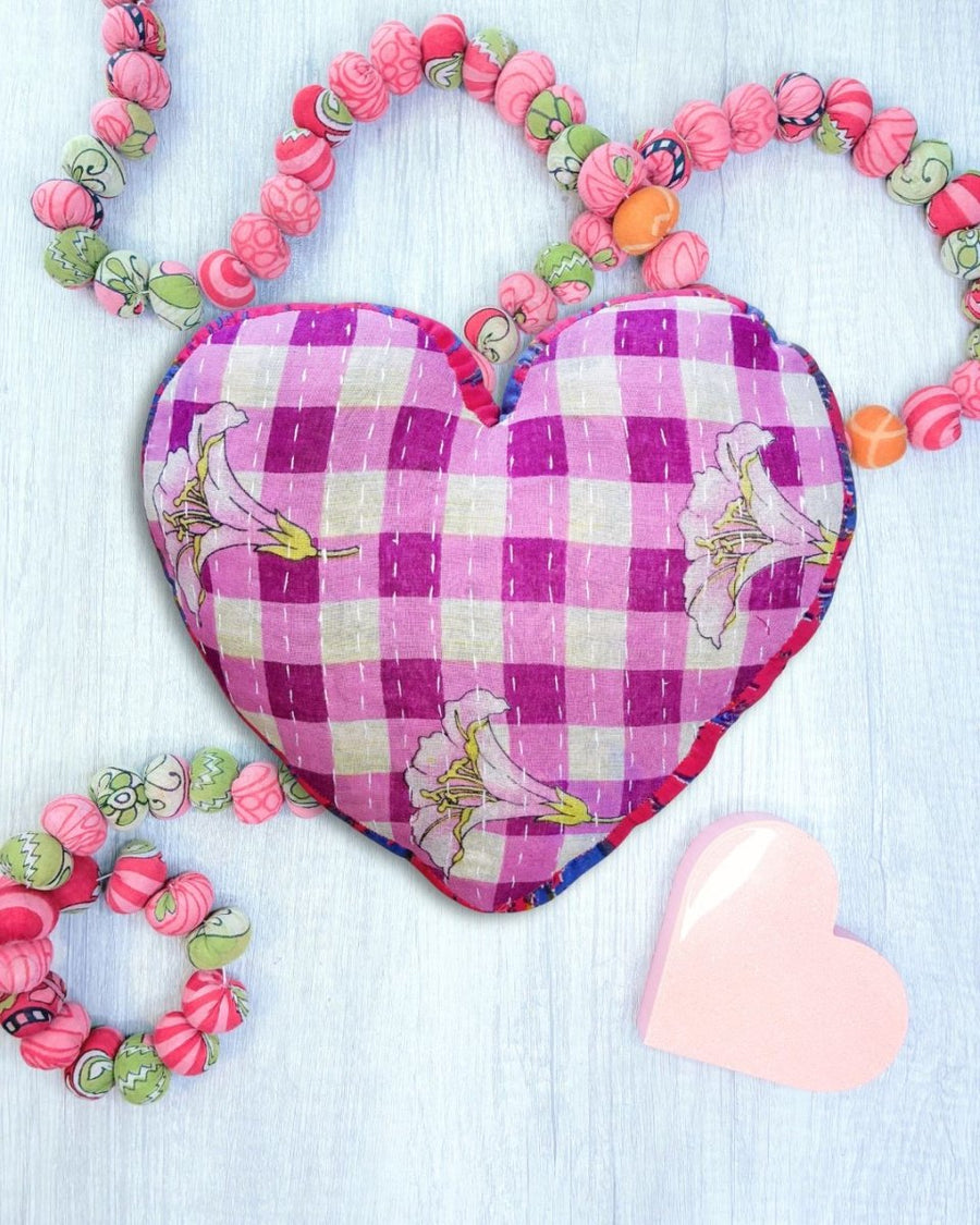Kantha Pillow | Heart - Asha Project Kantha - Saree - Handmade
