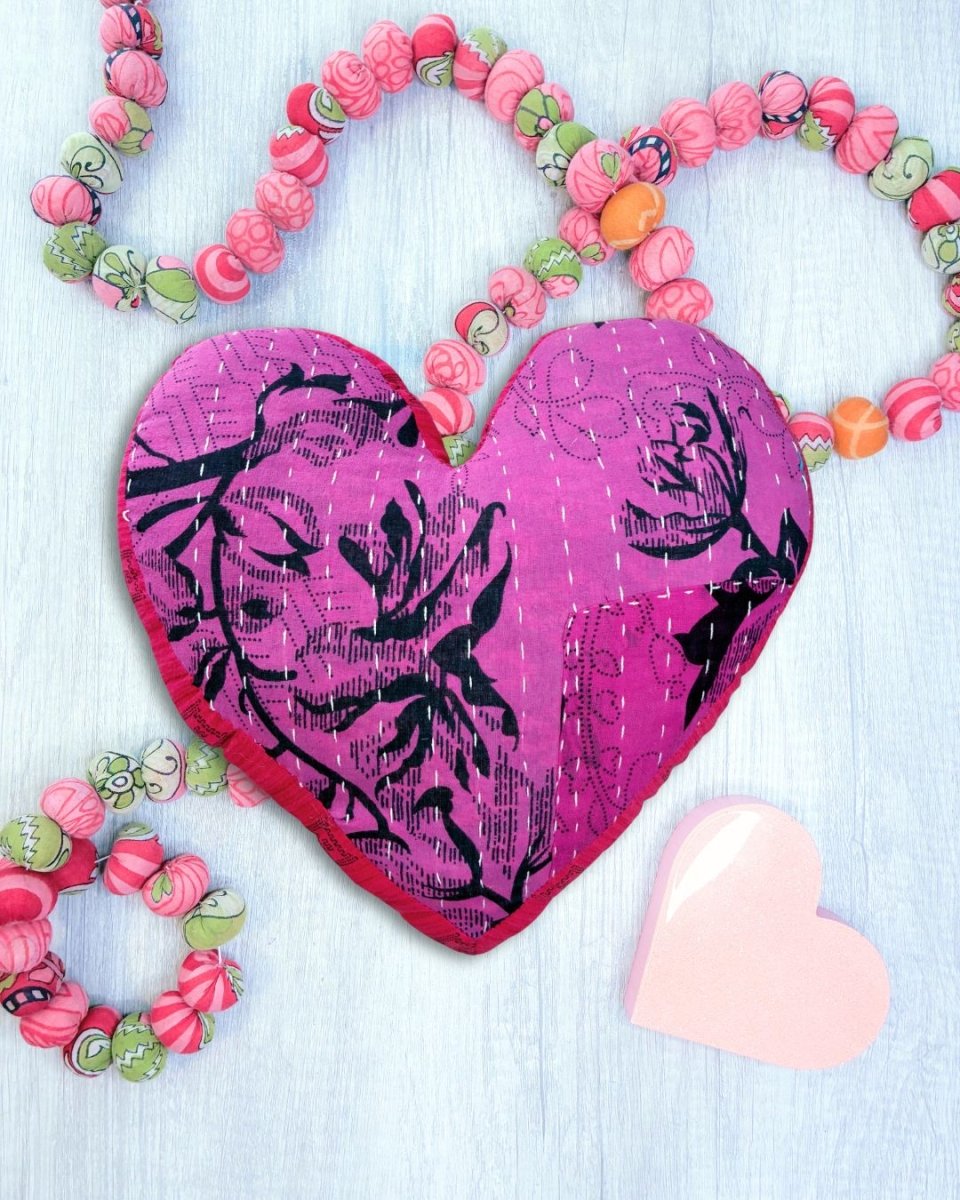 Kantha Pillow | Heart - Asha Project Kantha - Saree - Handmade
