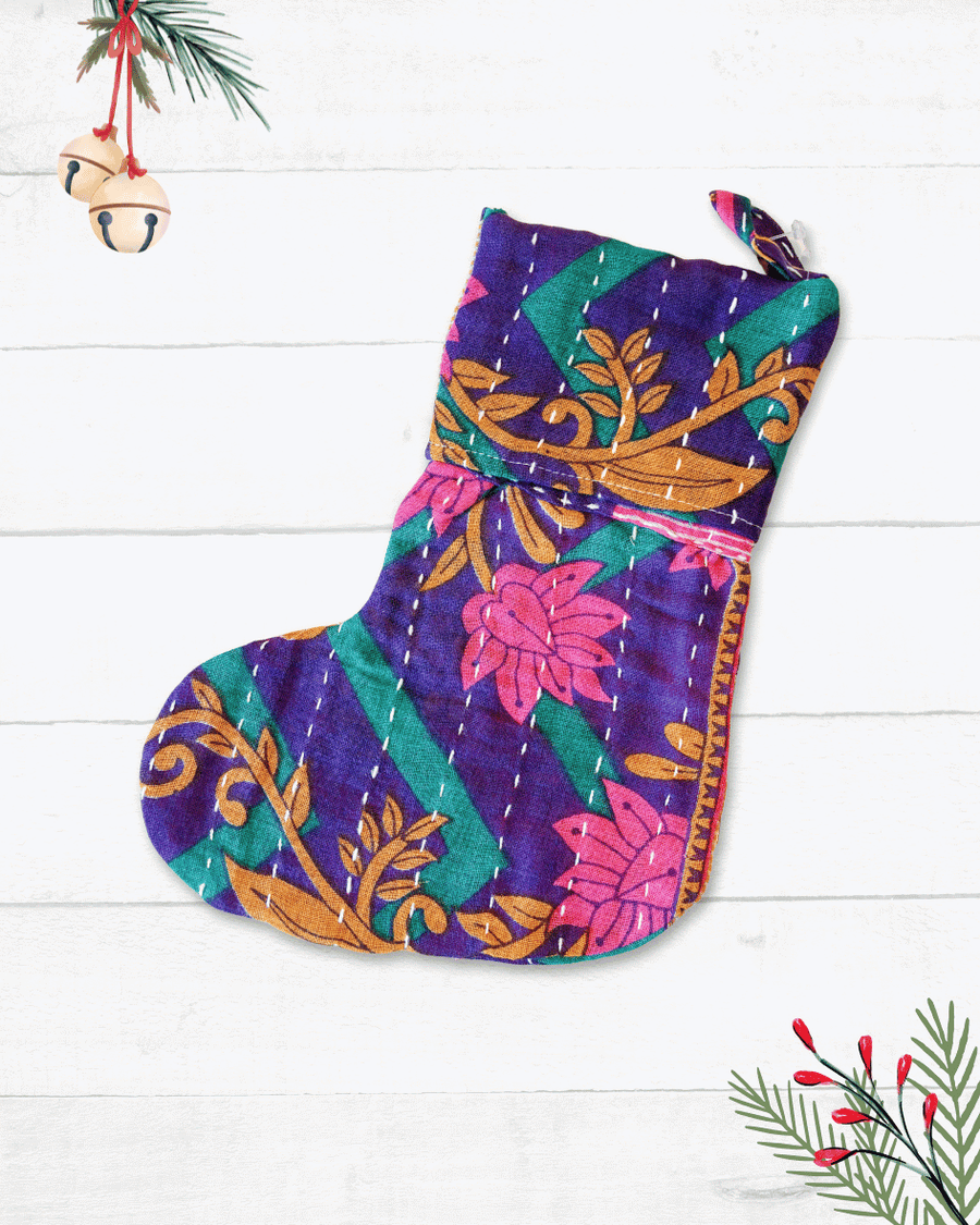 Mini Kantha Stocking - Asha Project Kantha - Saree - Handmade