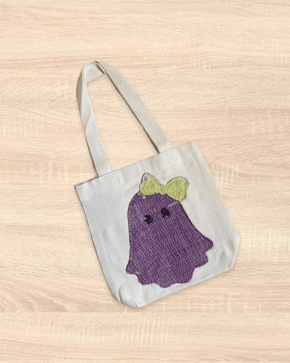 Mini Vintage Kantha Tote | Ghost with Bow - Asha Project Kantha-Saree-Handmade
