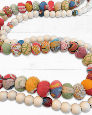Saree and Wood Bead Garland - Asha Project Kantha-Saree-Handmade
