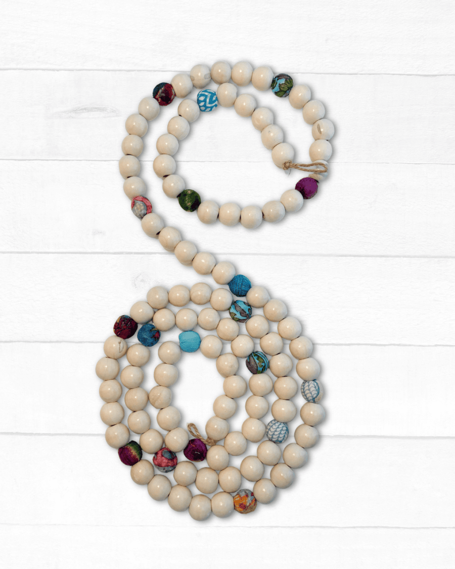 Saree and Wood Bead Garland - Asha Project Kantha-Saree-Handmade