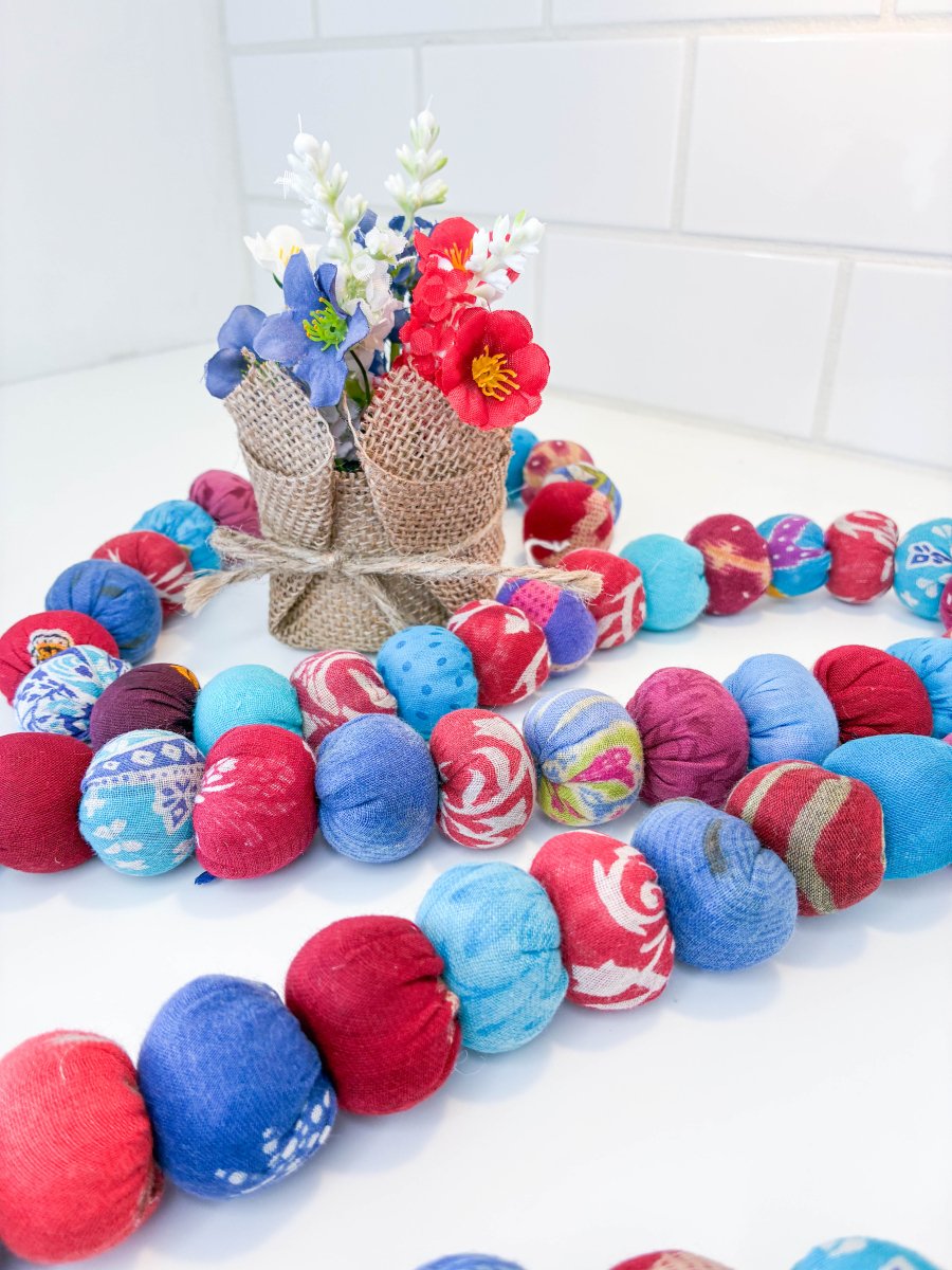 Saree Bead Garland | Red & Blue - Asha Project Kantha - Saree - Handmade