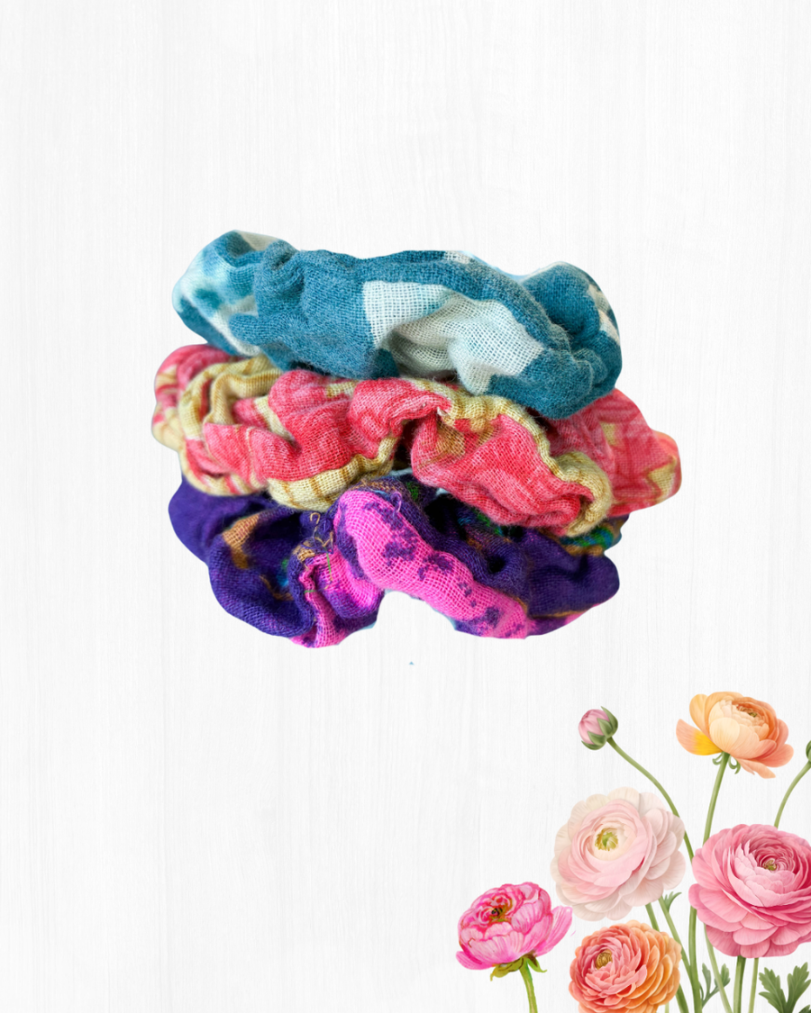 Saree Mini Scrunchie Set - Asha Project Kantha - Saree - Handmade