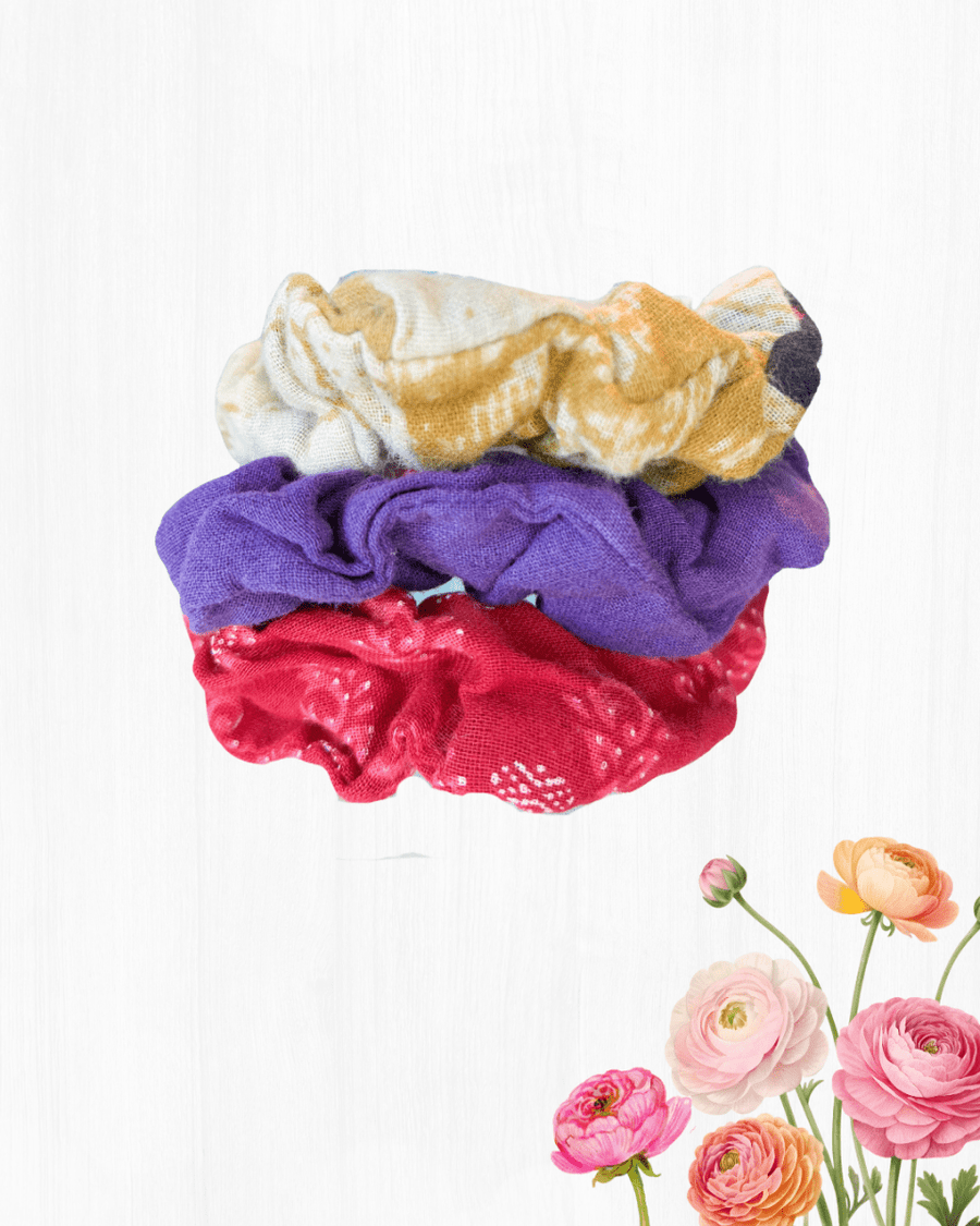 Saree Mini Scrunchie Set - Asha Project Kantha - Saree - Handmade