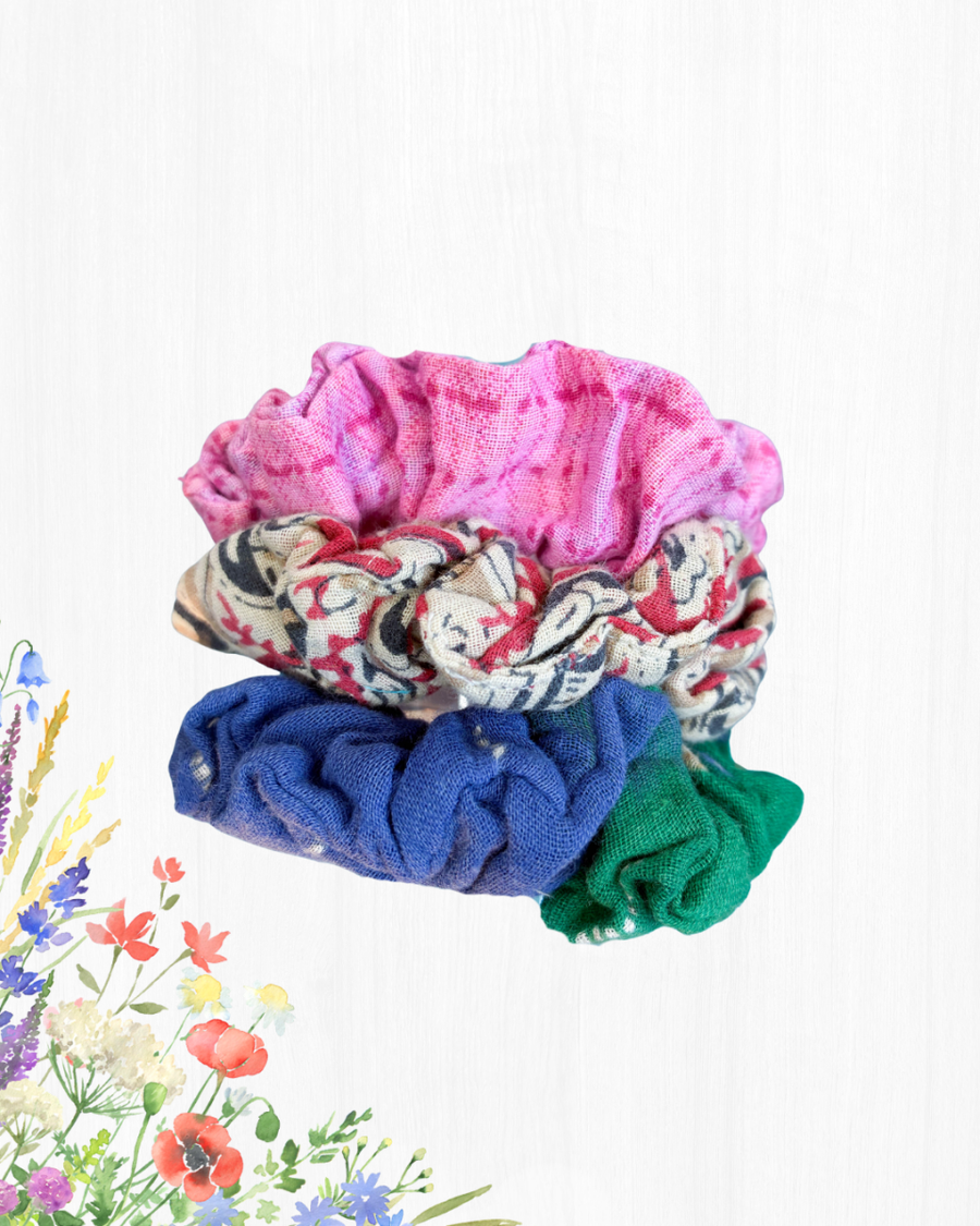 Saree Scrunchie Set - Asha Project Kantha - Saree - Handmade