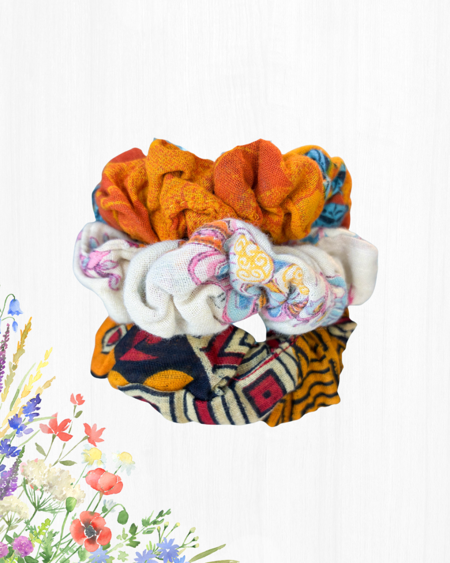 Saree Scrunchie Set - Asha Project Kantha - Saree - Handmade