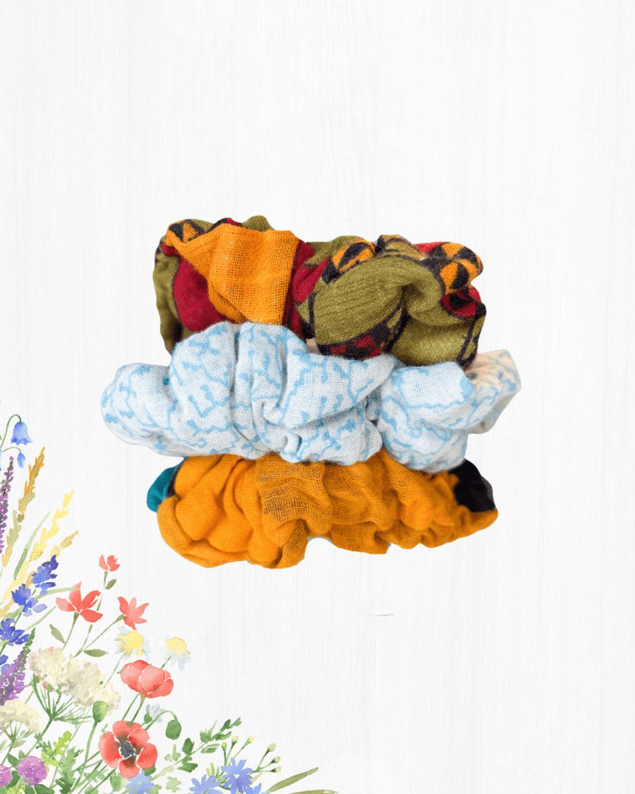 Saree Scrunchie Set - Asha Project Kantha - Saree - Handmade