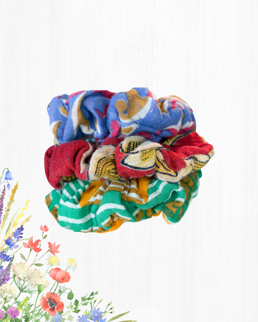 Saree Scrunchie Set - Asha Project Kantha - Saree - Handmade