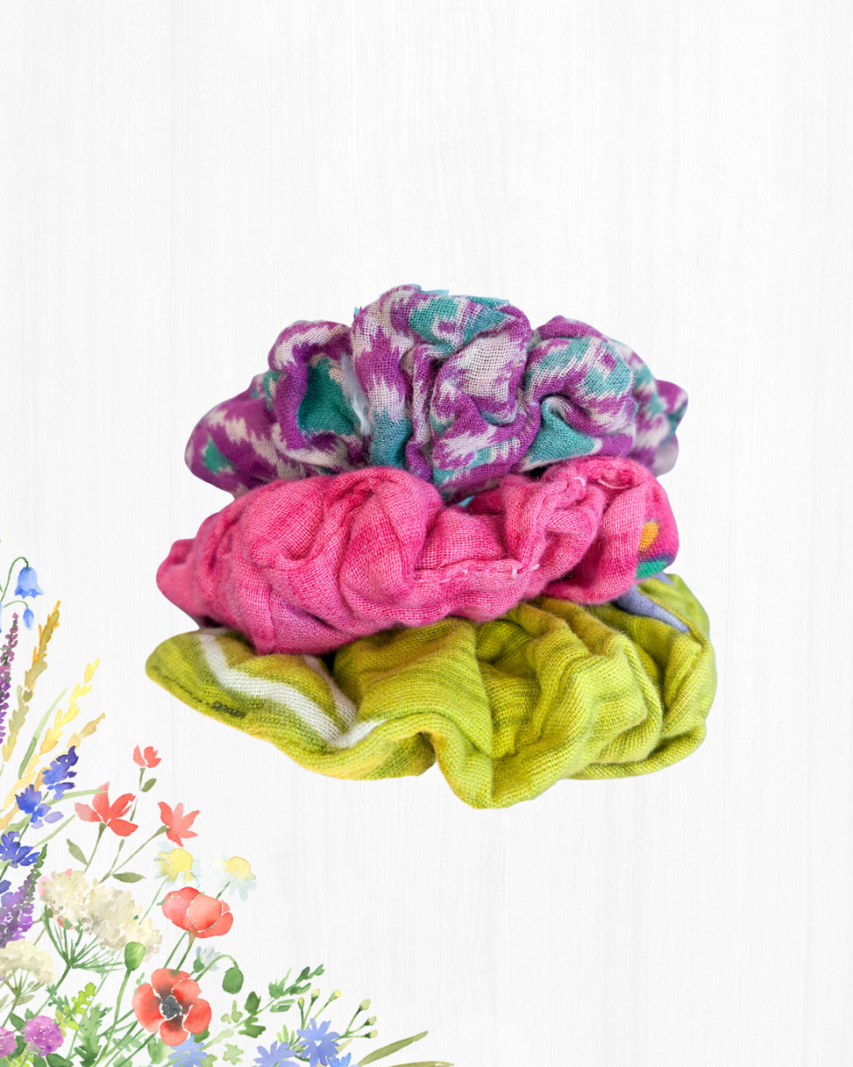 Saree Scrunchie Set - Asha Project Kantha - Saree - Handmade