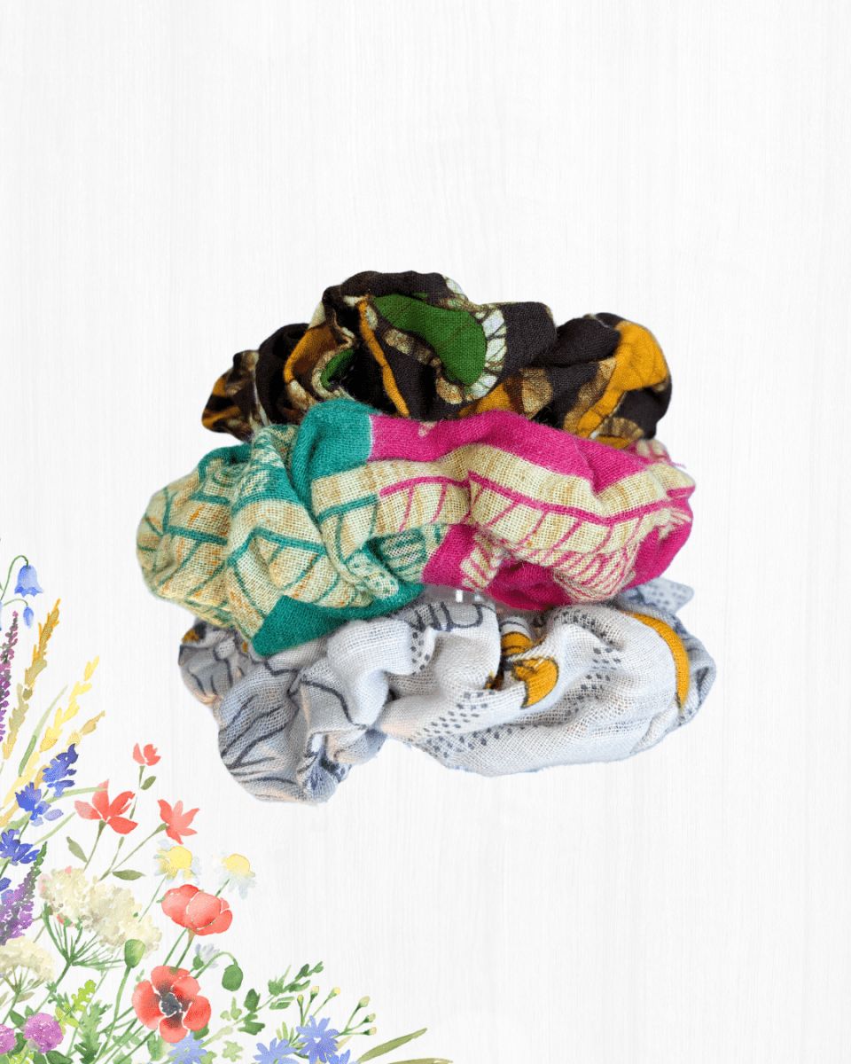 Saree Scrunchie Set - Asha Project Kantha - Saree - Handmade