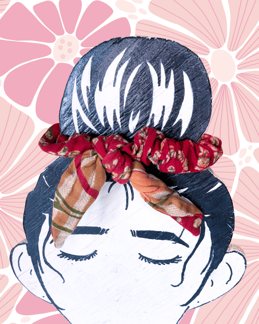 Saree Scrunchie with Bow - Asha Project Kantha - Saree - Handmade