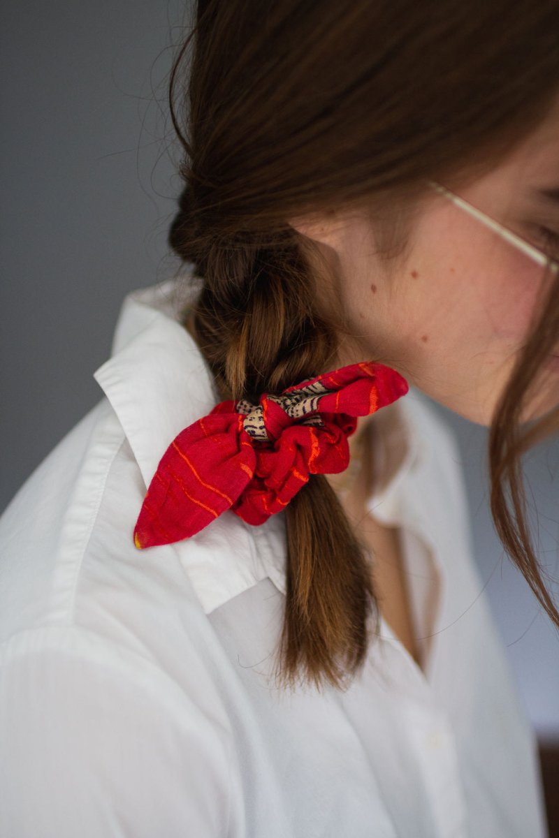 Saree Scrunchie with Bow - Asha Project Kantha - Saree - Handmade