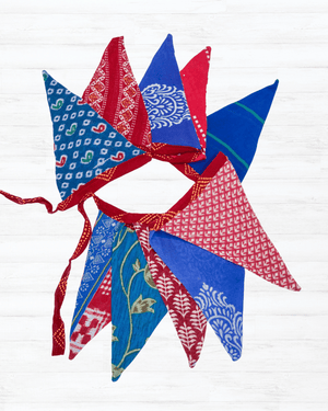 Saree Triangle Banner | Medium | Red and Blue - Asha Project Kantha - Saree - Handmade