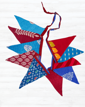 Saree Triangle Banner | Medium | Red and Blue - Asha Project Kantha - Saree - Handmade