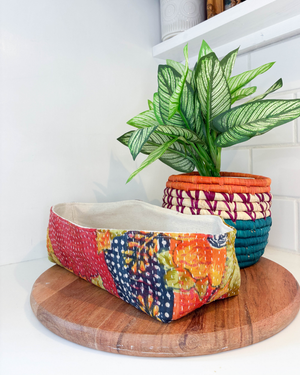Vintage Kantha Bread Basket | Small - Asha Project Kantha - Saree - Handmade