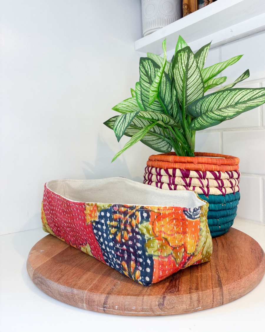 Vintage Kantha Bread Basket | Small - Asha Project Kantha - Saree - Handmade