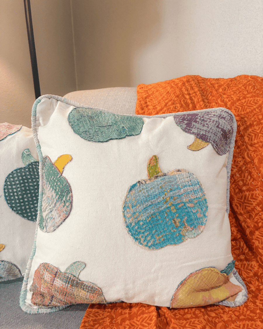 Vintage Kantha Pillow | 18x18 | Pumpkins - Asha Project Kantha-Saree-Handmade