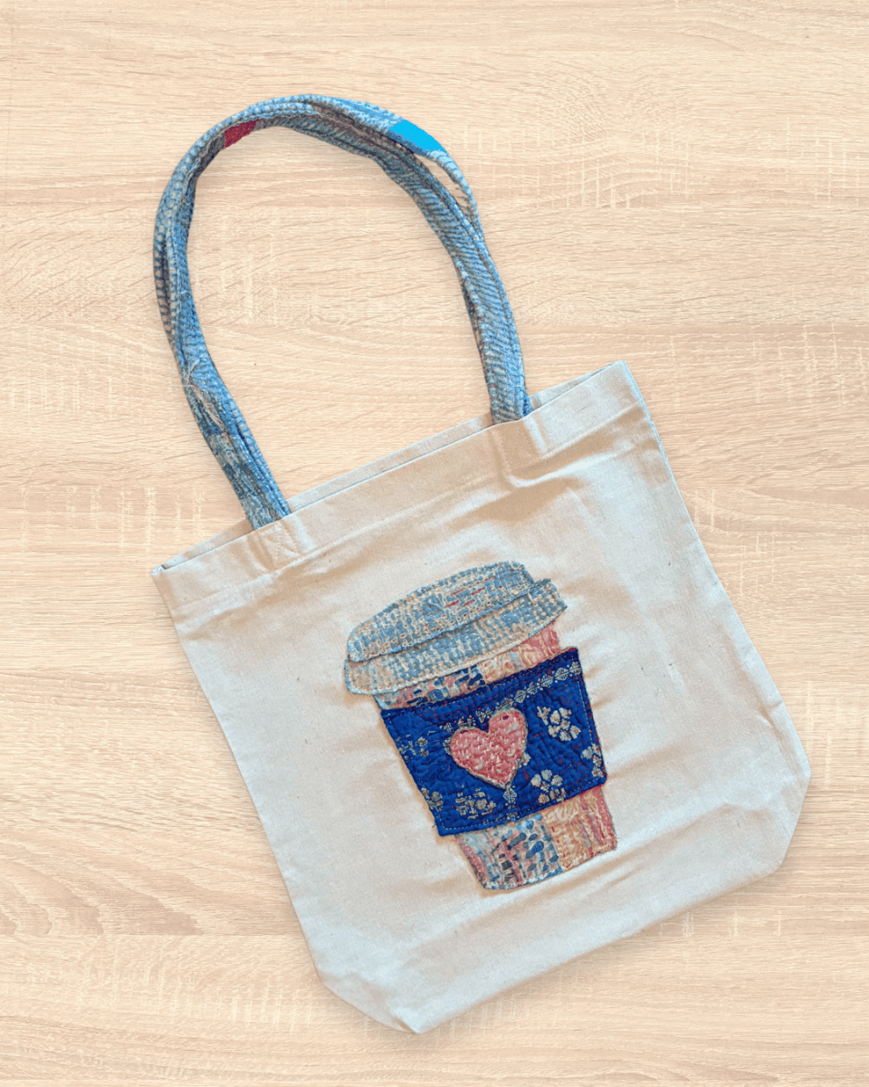 Vintage Kantha Tote | Coffee Cup - Asha Project Kantha-Saree-Handmade