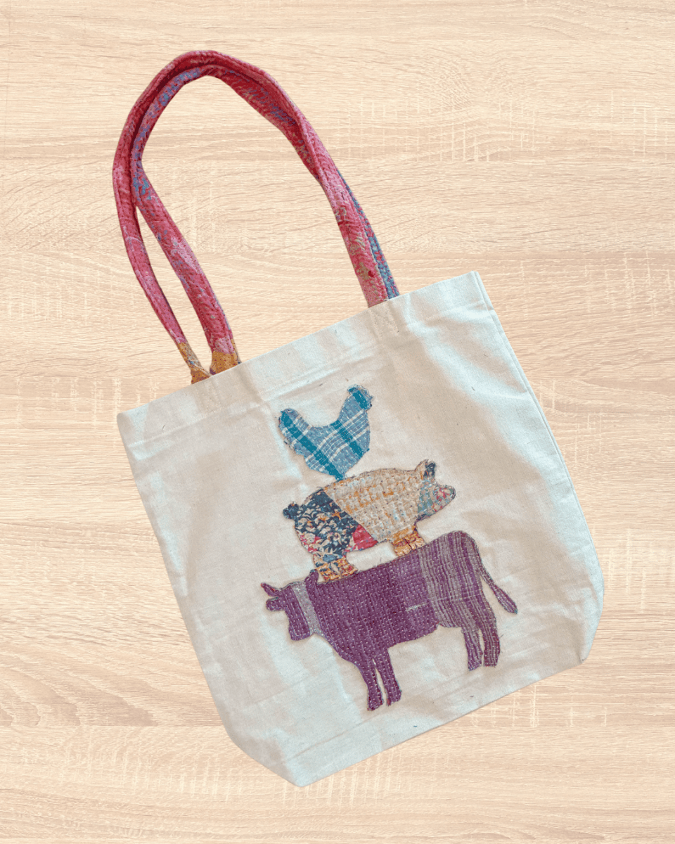 Vintage Kantha Tote | Farm Animals - Asha Project Kantha-Saree-Handmade
