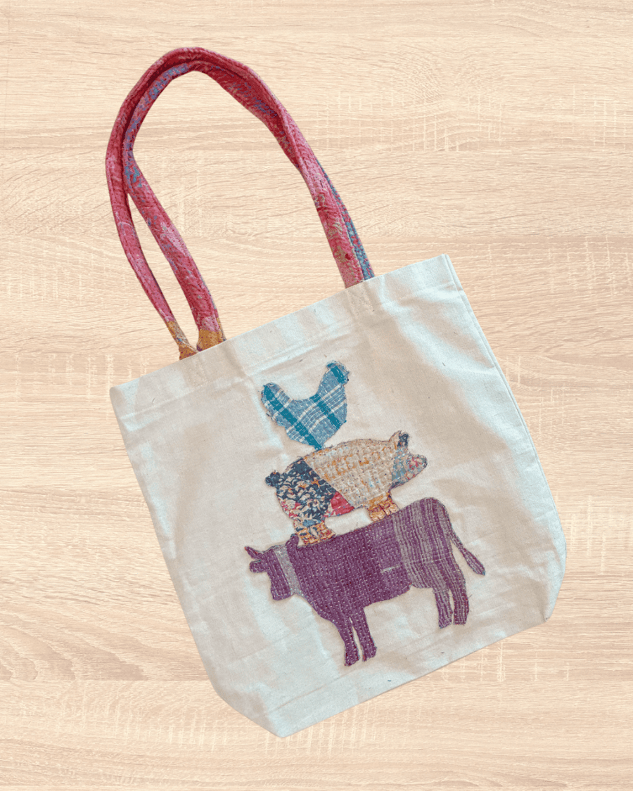 Vintage Kantha Tote | Farm Animals - Asha Project Kantha-Saree-Handmade