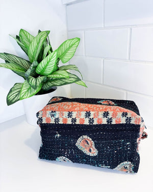 Vintage Kantha Zipper Box Pouch - Asha Project Kantha - Saree - Handmade