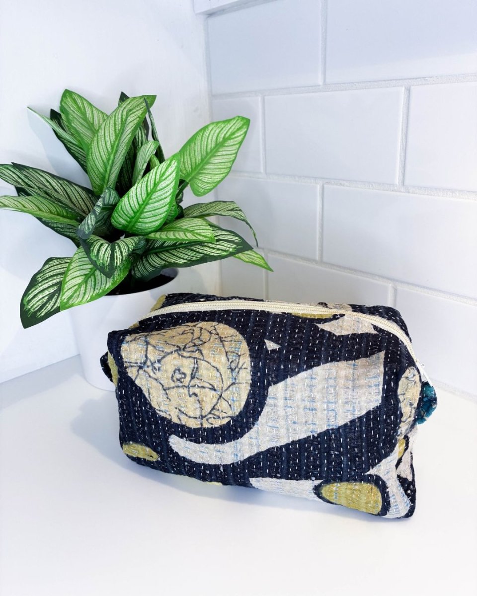 Vintage Kantha Zipper Box Pouch - Asha Project Kantha - Saree - Handmade