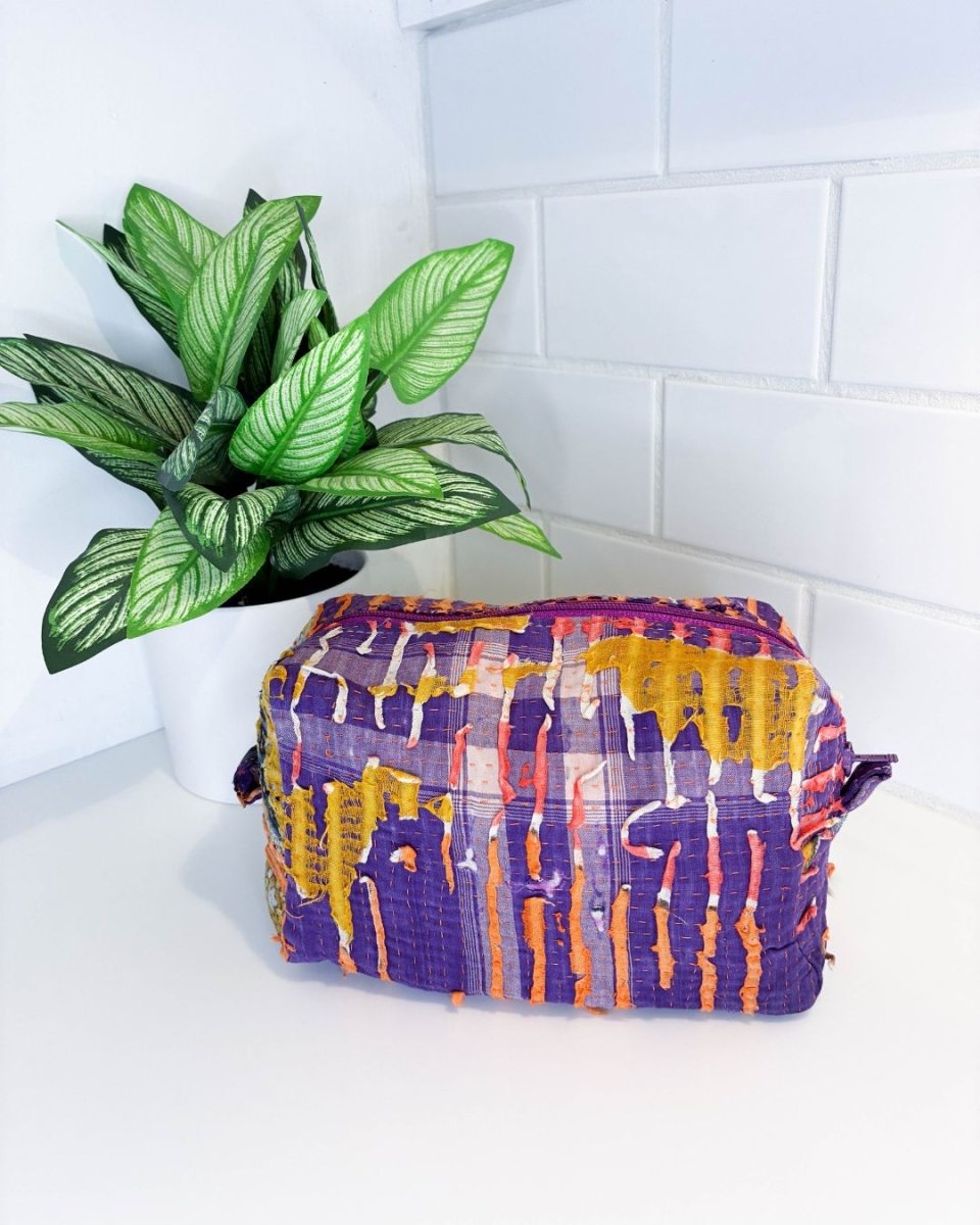 Vintage Kantha Zipper Box Pouch - Asha Project Kantha - Saree - Handmade