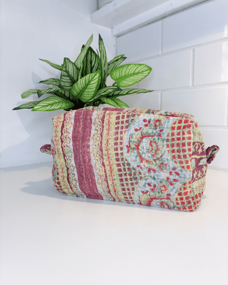 Vintage Kantha Zipper Box Pouch - Asha Project Kantha-Saree-Handmade