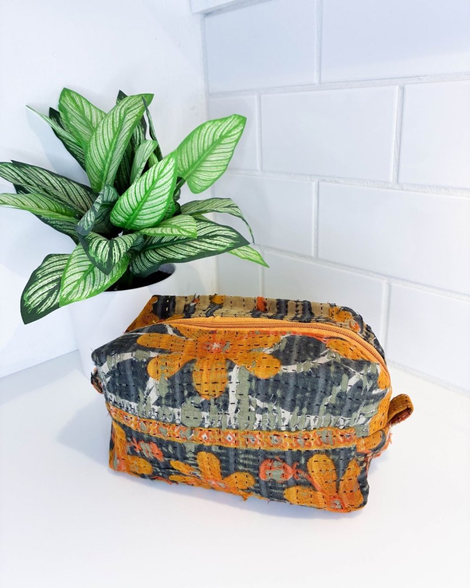 Vintage Kantha Zipper Box Pouch - Asha Project Kantha - Saree - Handmade