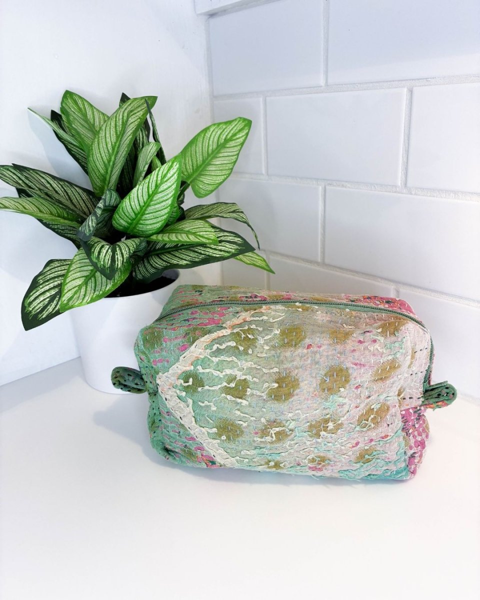 Vintage Kantha Zipper Box Pouch - Asha Project Kantha - Saree - Handmade