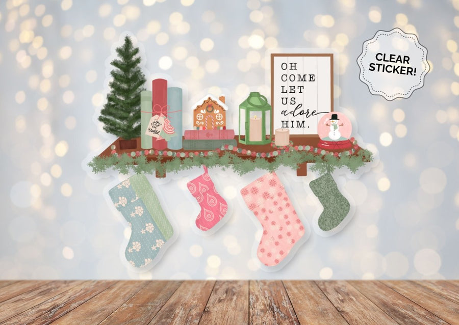 WS Christmas Shelf | Clear Vinyl Sticker | 3.9 x 3.2 in - Asha Project Kantha - Saree - Handmade