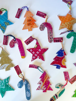 WS Kantha Christmas Ornaments | Candy Cane - Asha Project Kantha - Saree - Handmade