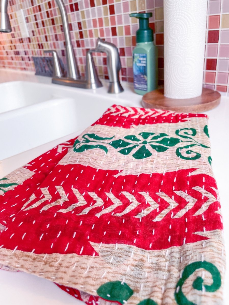 WS Kantha Kitchen Towel | Christmas - Asha Project Kantha - Saree - Handmade