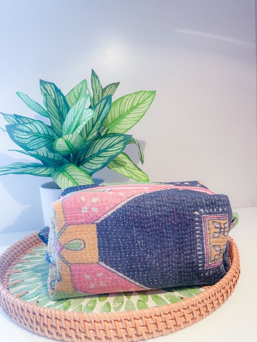 WS Vintage Kantha Zipper Box Pouch - Asha Project Kantha - Saree - Handmade