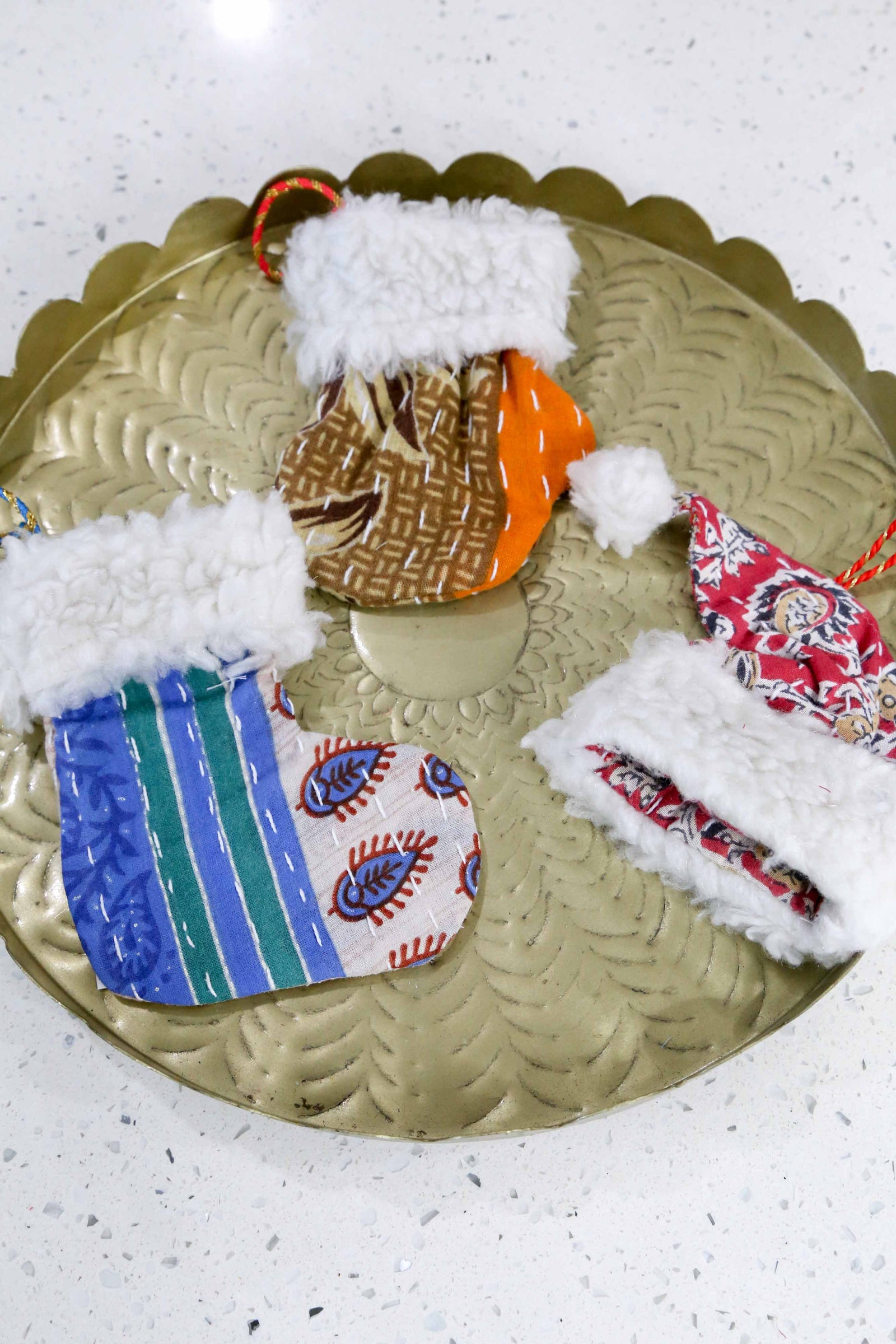 Kantha Mit, Stocking, Santa Hat Ornament Set