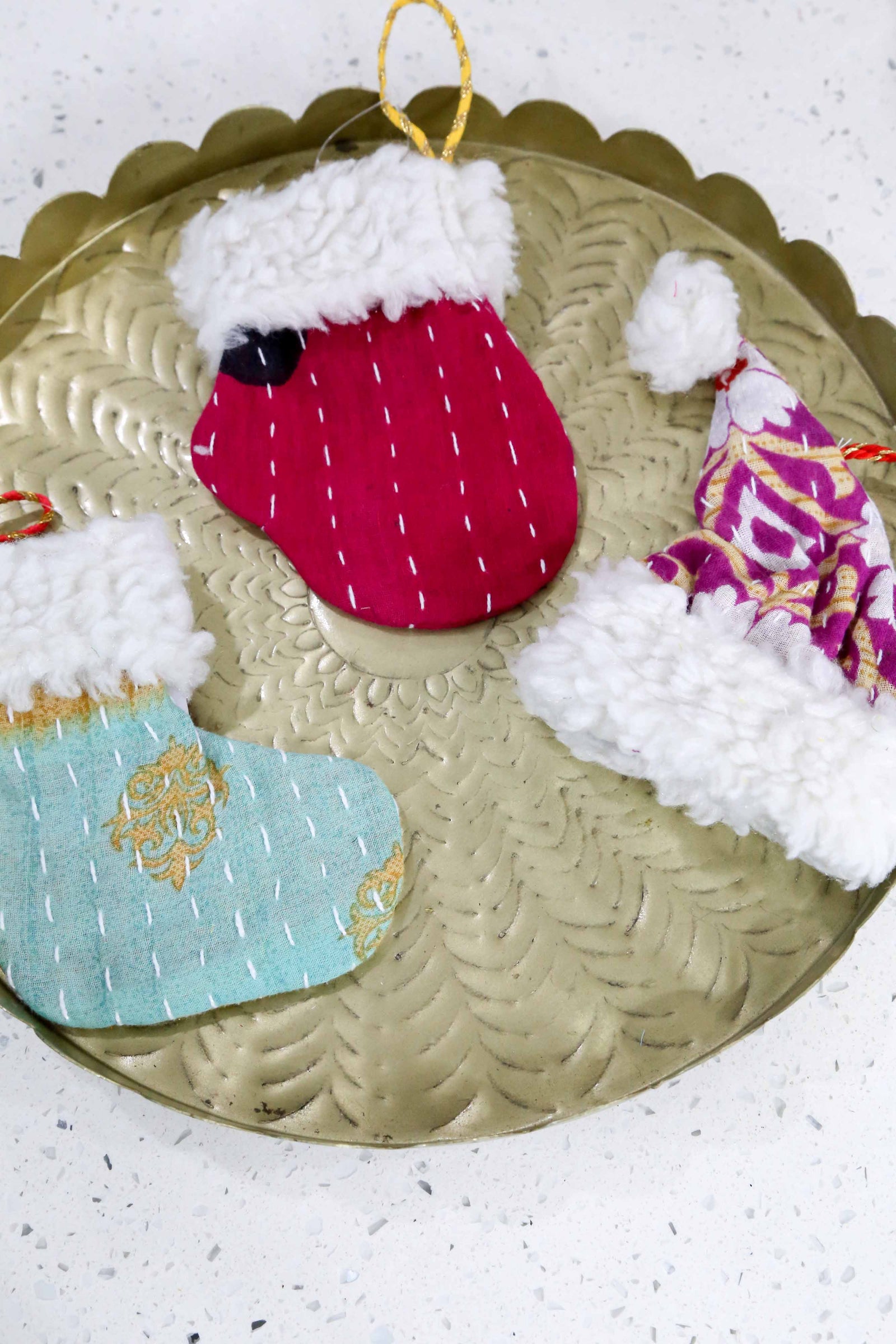Kantha Mit, Stocking, Santa Hat Ornament Set