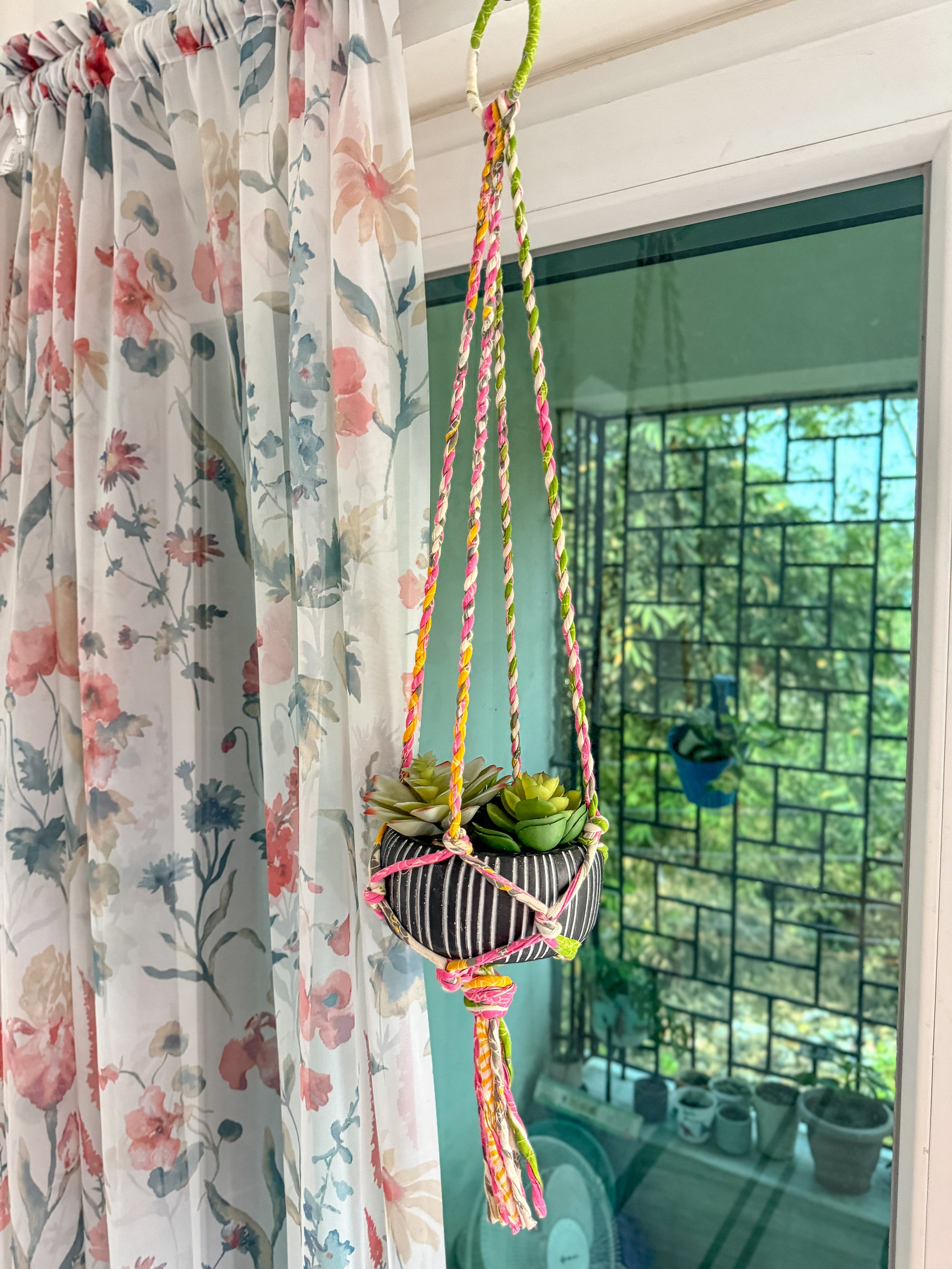 a hanging planter filled with succulents in front of a window