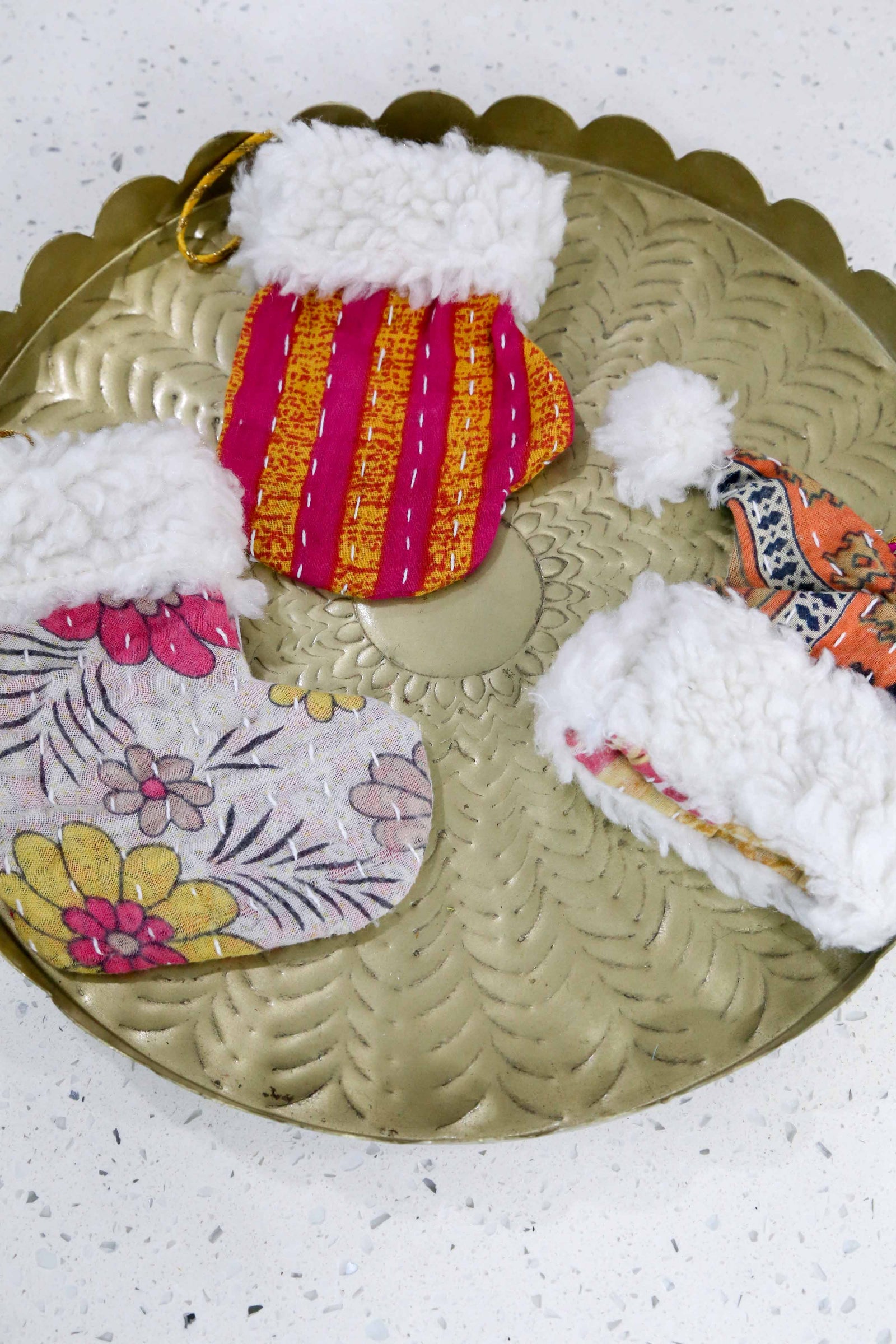 Kantha Mit, Stocking, Santa Hat Ornament Set