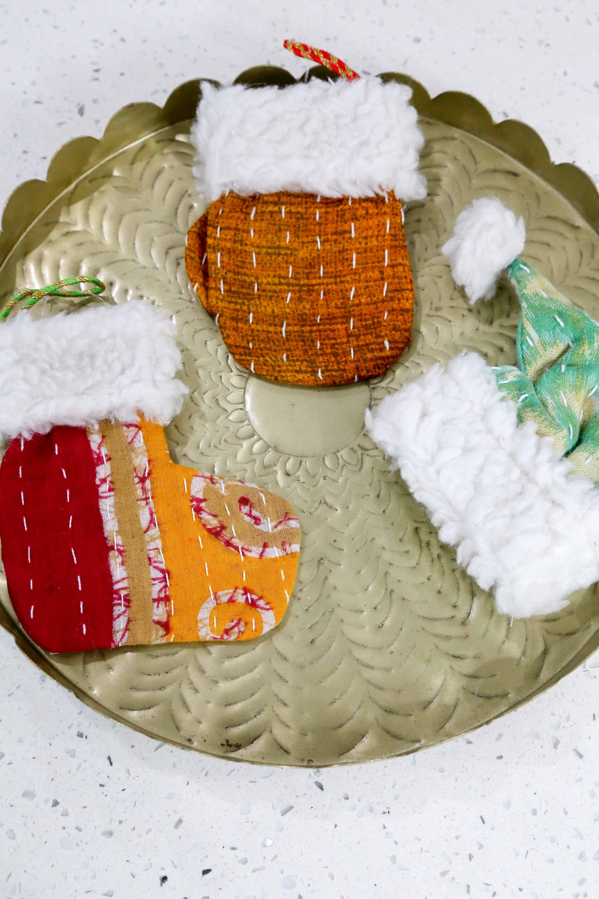 Kantha Mit, Stocking, Santa Hat Ornament Set