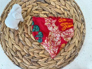 a woven basket with a red bandana on top of it