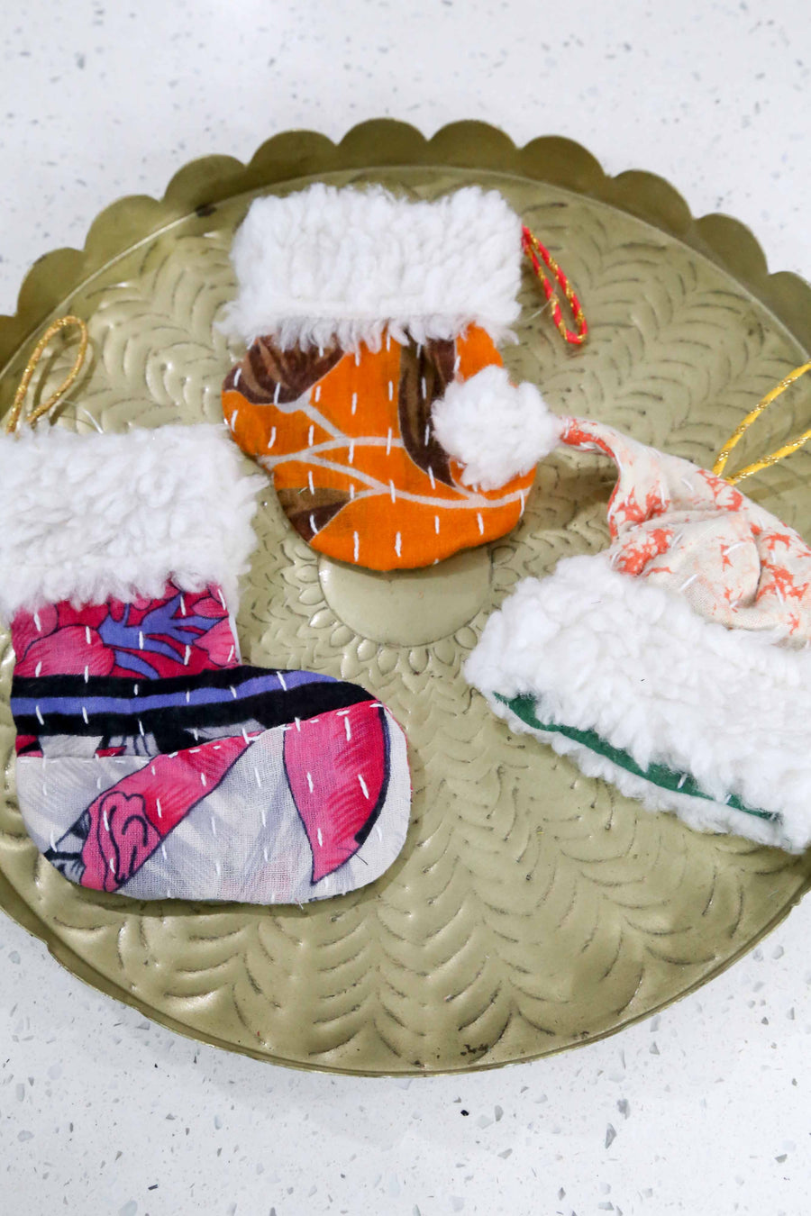 Kantha Mit, Stocking, Santa Hat Ornament Set