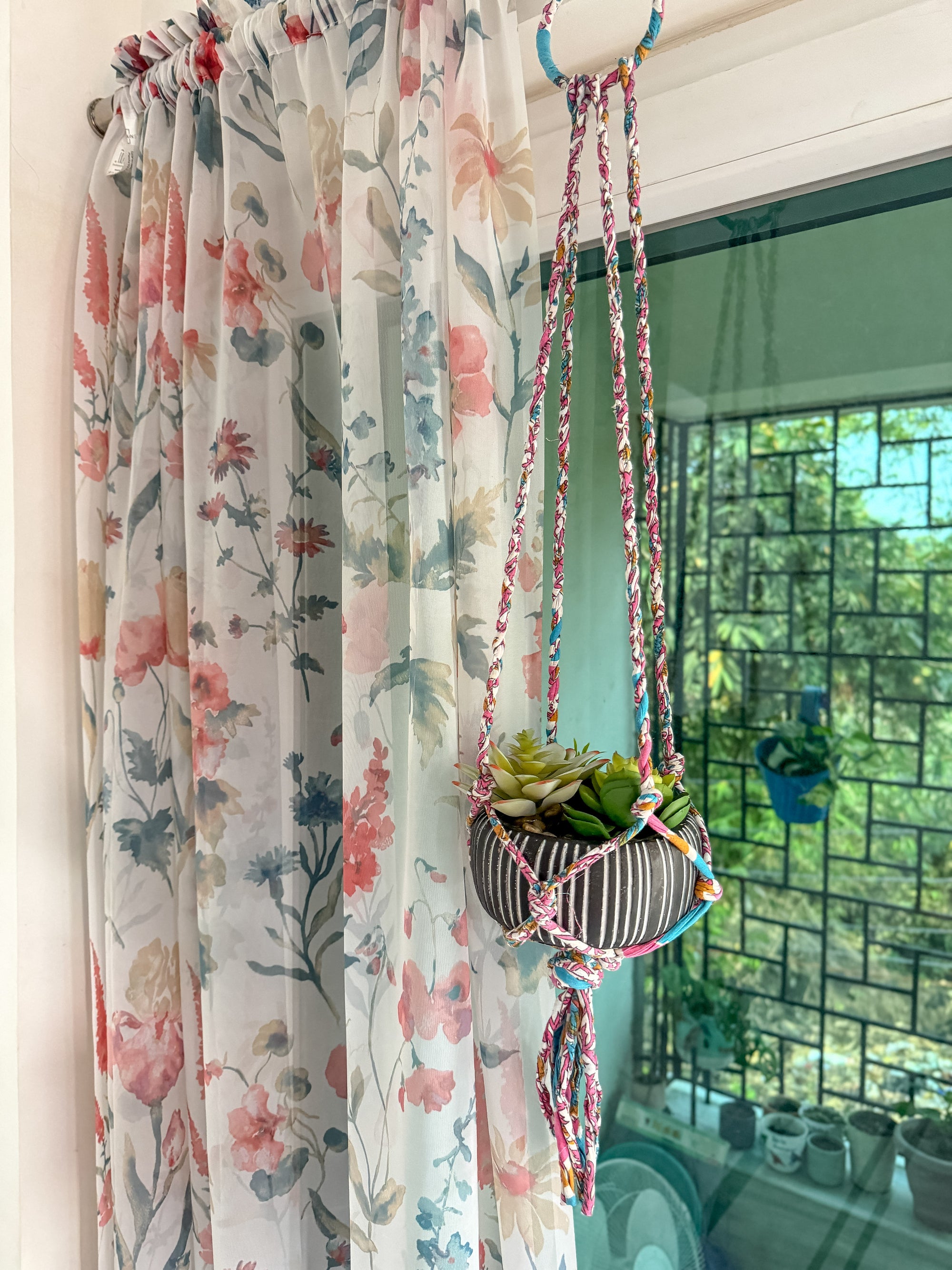 a potted plant hanging from a window sill