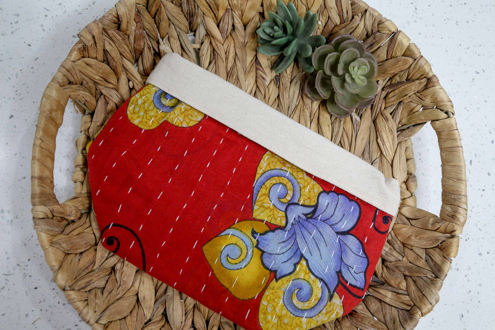 Red with purple and yellow floral . Handmade Kantha basket with vibrant stitching and traditional saree patterns, perfect for storage, organizing, or adding a pop of color and style to any room.