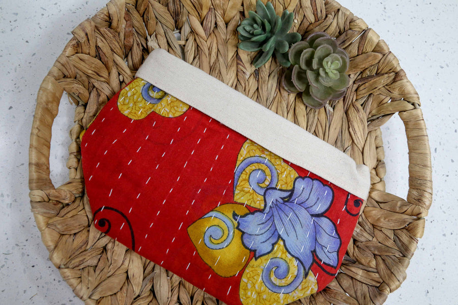 Red with purple and yellow floral . Handmade Kantha basket with vibrant stitching and traditional saree patterns, perfect for storage, organizing, or adding a pop of color and style to any room.
